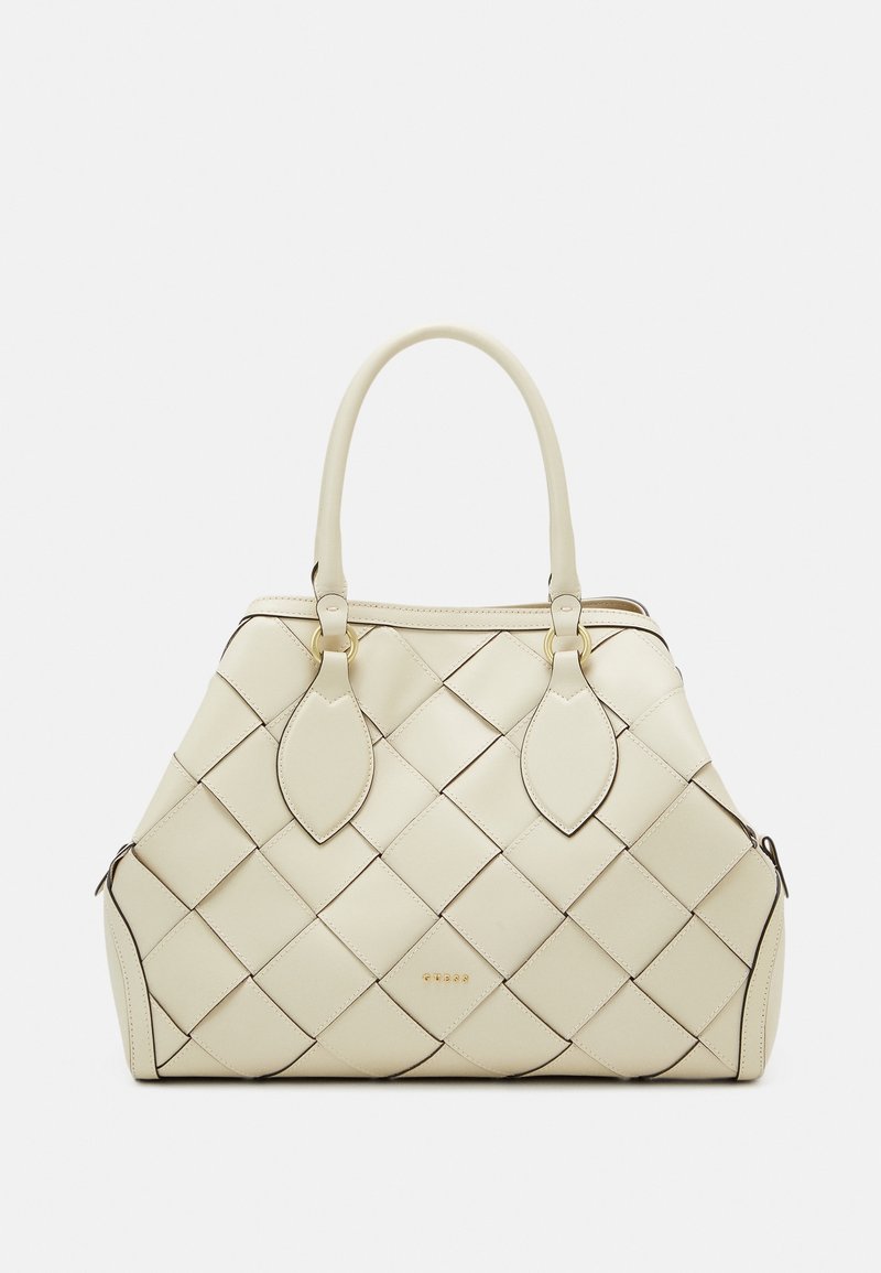Cream leather handbag with a woven design, featuring two leaf-shaped accents and gold hardware. Double handles for easy carrying.
