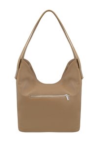 Bruine leren schoudertas met een gestructureerde afwerking, voorzien van een ritsvak aan de voorkant en een brede schouderriem, met een gebogen vorm en minimalistisch design.