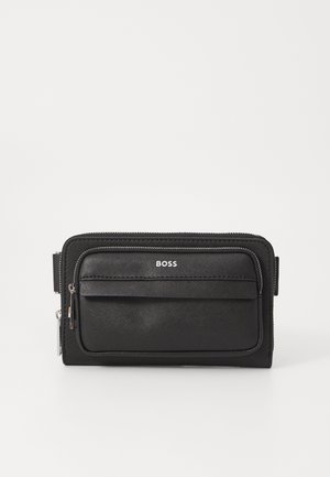 Black wallet made of textured material featuring a main zipper compartment and a front pocket with a smooth zipper, branded with "BOSS."