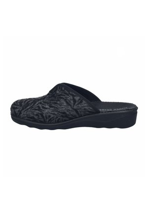 Black slip-on slipper with textured upper, low supportive sole, and open back for easy indoor wear.