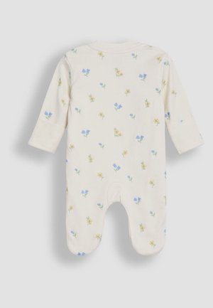 Body de bebeluș alb cu un model floral; prezintă flori albastre și galbene, mâneci lungi și capse în partea de jos pentru o îmbrăcare ușoară.