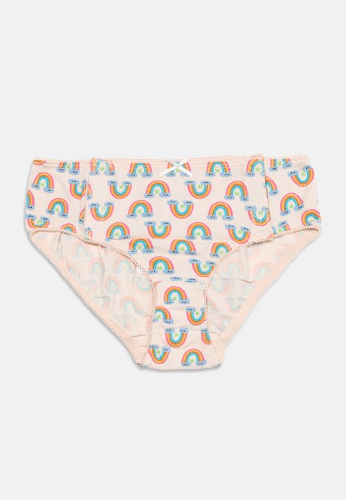 Culottes enfant rose clair avec un motif d'arcs-en-ciel colorés et un petit nœud blanc au centre de la ceinture.