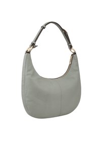 Sac hobo en cuir souple, gris clair, avec une forme incurvée, dotée d'une fermeture éclair dorée et d'une bandoulière ajustable pour un transport facile.