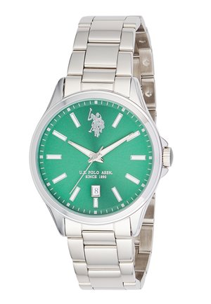 Orologio da polso in metallo argento con quadrante verde, indici delle ore argento, tre lancette, datario e logo U.S. Polo Assn. alle ore 12.