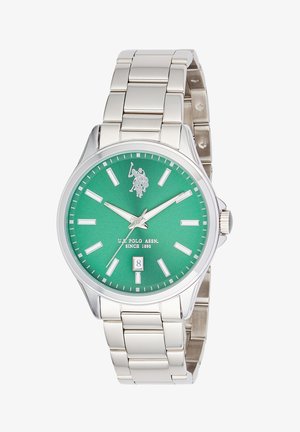 Orologio da polso in metallo argento con quadrante verde, indici delle ore argento, tre lancette, datario e logo U.S. Polo Assn. alle ore 12.