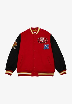 Red varsity jacket with black sleeves, featuring embroidered patches: SF logo, stars, and a football design. Yellow-striped ribbed cuffs and hem.