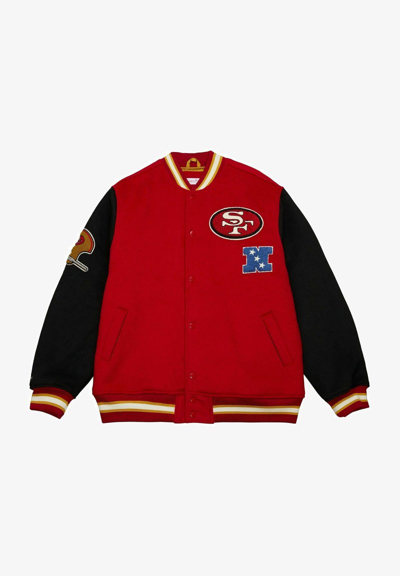 Red varsity jacket with black sleeves, featuring embroidered patches: SF logo, stars, and a football design. Yellow-striped ribbed cuffs and hem.