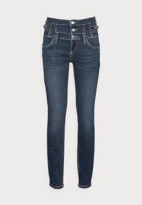 Těsné džíny z tmavě modrého denimu, s vysokým pasem a dvojitým knoflíkovým zapínáním, pěti kapsami a zlatými švy.