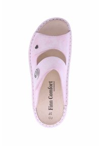 Pink leather sandal with two adjustable straps, stitching accents, and a round button detail. Textured surface with a soft insole.