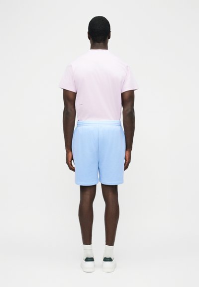 Mees seisab seljaga, kandes heleroosat lühikeste varrukatega särki, helesiniseid lühikesi pükse, valgeid sokke ja valgeid tossusid.