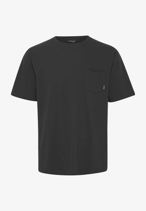 Fekete, rövid ujjú póló, pamutból készült, kerek nyakkivágással és egy kis zsebbel a bal mellen. Egyszerű, letisztult dizájn.