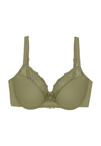Oliwkowozielony biustonosz z lekko wyściełanymi miseczkami, koronkowymi zdobieniami na górze, regulowanymi ramiączkami oraz gładkim, bezszwowym pasem pod biustem.