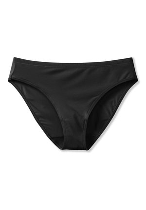 Black bikini bottom made from smooth, stretchy material. Features a minimalist design with a low-rise waist and no visible embellishments.