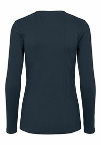 Długi rękaw, prążkowany top w ciemnoniebieskim kolorze. Posiada okrągły dekolt i dopasowany krój, z teksturowanymi detalami w całej powierzchni.