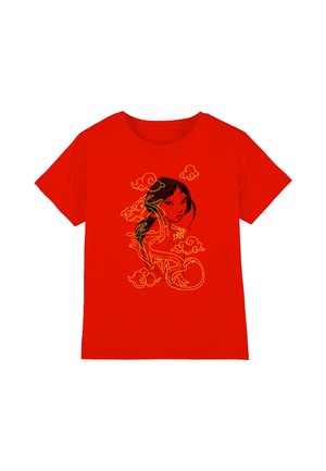 Rotes Baumwoll-T-Shirt mit einem schwarz-goldenen Grafikdesign eines Frauenhauses, umgeben von stilisierten Wolken und Drachenelementen.