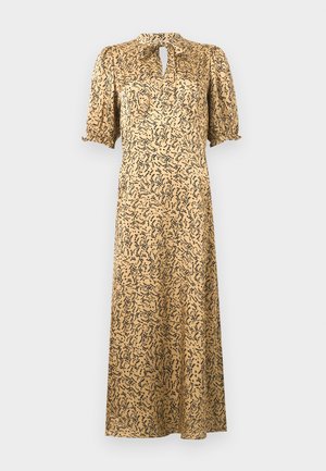 Bézs midi ruha fekete absztrakt mintával, rövid puffadt ujjakkal, kis gallérral és elöl kulcslyuk kivágással.