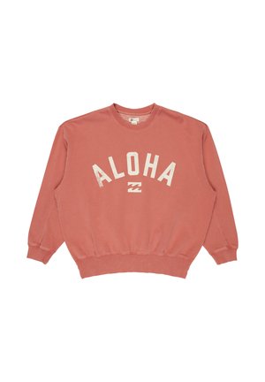 Felpa in colore corallo sbiadito con la scritta "ALOHA" stampata in bianco. Presenta maniche lunghe, polsini a coste e una vestibilità rilassata.
