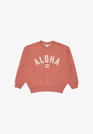Felpa in colore corallo sbiadito con la scritta "ALOHA" stampata in bianco. Presenta maniche lunghe, polsini a coste e una vestibilità rilassata.