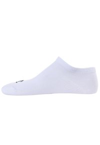 Weißer Knöchelsocken mit geripptem Bund und einem Logo an der Oberseite. Hergestellt aus einem glatten, elastischen Stoff mit verstärkten Zehen- und Fersenbereichen.