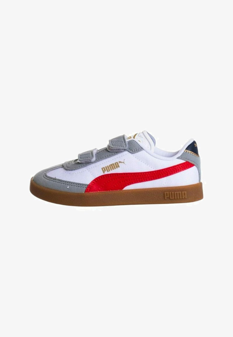 Sneaker Puma con una parte superiore in tessuto bianco, dettagli in suede grigio, striscia laterale rossa, cinturini in Velcro e una suola in gomma marrone.
