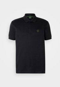 Black polo shirt made of cotton, featuring a collar, three-button placket, short sleeves, and a subtle logo on the chest.