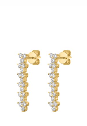 Goldohrringe mit einer vertikalen Reihe runder, klarer Steine, ausgestattet mit einer modernen Krappenfassung und einem Steckverschluss.