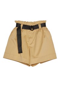 Beige cotton shorts with a gathered elastic waistband, a black fabric belt, and two side pockets. Smooth texture and wide leg design.