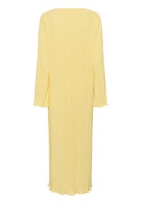 Yellow pleated long dress with long sleeves and a rectangular neckline. Features a flowing silhouette and soft, lightweight texture.