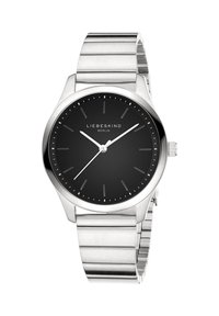 Zilveren metalen polshorloge met een zwarte wijzerplaat, minimalistisch ontwerp, zilveren uurmarkeringen en een gepolijste roestvrijstalen band.