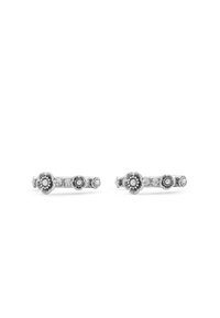 Silver earrings featuring floral designs, clear stones, and textured details. Each earring has a band with alternating flower and stone motifs.