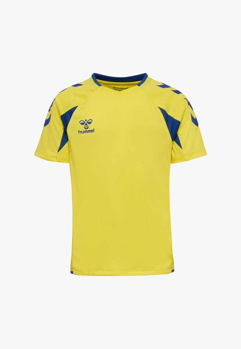 Maillot de sport jaune avec des accents bleus, manches courtes, logo hummel sur la poitrine gauche et motifs chevrons sur les épaules.