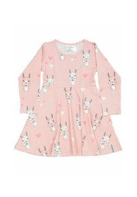 Vaaleanpunainen pitkähihainen mekko, joka on valmistettu pehmeästä kankaasta. Mekossa on toistuva pupun kuvio sekä sydämiä. Tyllihame on liitetty istuvaan yläosaan.