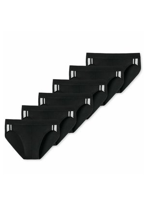 Schwarzes Baumwollslip-Set mit sechs Stück, ausgestattet mit einem elastischen Bund mit silbernen Akzenten, glatter Textur und klassischem Slip-Design.