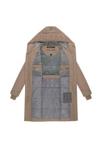 Beige lange jas met een capuchon, voorzien van een grijze geïsoleerde voering, ritssluiting en meerdere binnenzakken. Merknnaam zichtbaar aan de binnenkant.