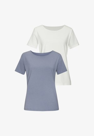 Ensemble de deux T-shirts à manches courtes en coton doux. L'un est blanc, l'autre est bleu clair, avec un col rond et une coupe régulière.