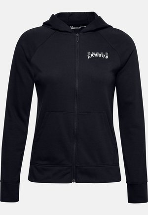 Schwarzer Hoodie mit durchgehendem Reißverschluss, einer vorderen Kängurutasche und dem "Under Armour"-Logo auf der linken Brust, mit langen Ärmeln und Kapuze.
