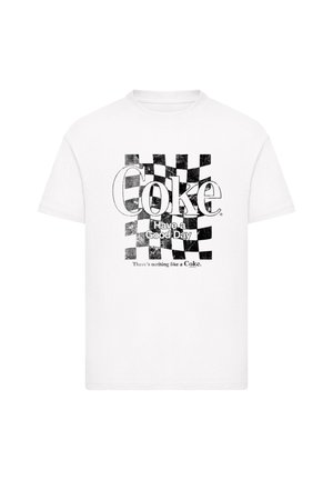 White short-sleeve t-shirt featuring black checkered pattern, "Coke" logo, and text: "Have a Good Day" with "There's nothing like a Coke."