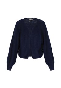 Navy blauwe, gebreide cardigan met lange mouwen en een ruime, ontspannen pasvorm en open voorkant, afgewerkt met geribbelde manchetten en zoom.