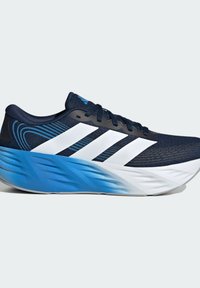 Dark blue and white running shoe with three white stripes and a thick blue-to-white gradient sole, viewed from the side on a light background.