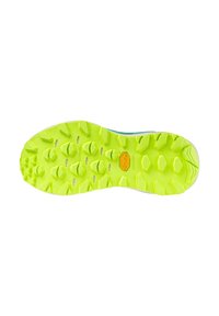 Heldere geelgroene Vibram-buitenzool met diepe, multidirectionele profielnoppen voor verbeterde grip op verschillende oppervlakken.