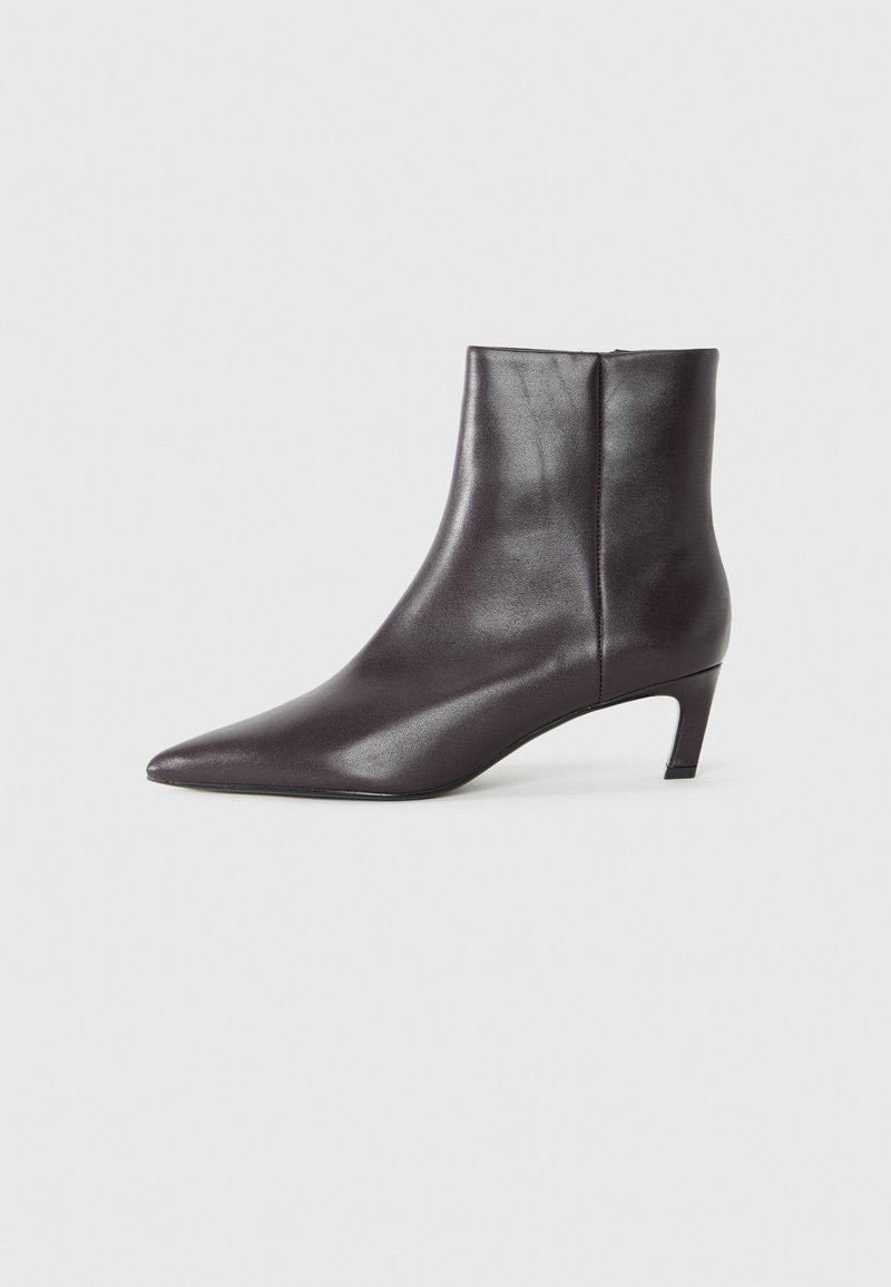 Botte de cheville en cuir noir avec un bout pointu et un petit talon, finition lisse, fermeture éclair sur le côté, présentée sur un fond neutre.