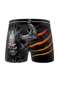 Boxers noirs avec un motif de skull gris, des marques de griffes orange et une taille noire avec des accents gris.