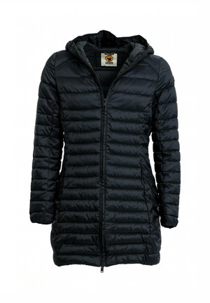 Giubbotto imbottito nero con cappuccio, cuciture verticali, chiusura frontale con zip e tasche laterali. Tessuto liscio e leggero al tatto.