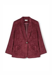 Blazer in corduroy bordeaux con rever a pistagna, chiusura a un bottone e due tasche frontali. Texture morbida e forma strutturata.