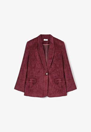 Blazer en velours côtelé bordeaux avec un col cranté, fermeture à un bouton et deux poches avant. Texture douce et forme structurée.