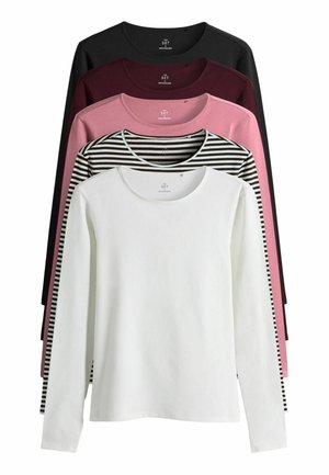 Fünf Langarm-T-Shirts übereinander gestapelt: schwarz, burgunderrot, hellrosa, gestreift in rosa und weiß sowie weiß. Weicher Stoff, runde Ausschnitte und unterschiedliche Farben.