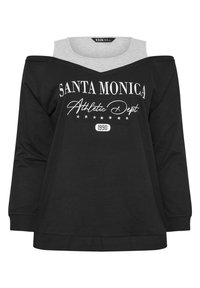 Czarna bluza z długim rękawem, z odkrytymi ramionami, szary kołnierz, biały napis "SANTA MONICA Athletic Dept." z gwiazdkami i rokiem 1990.