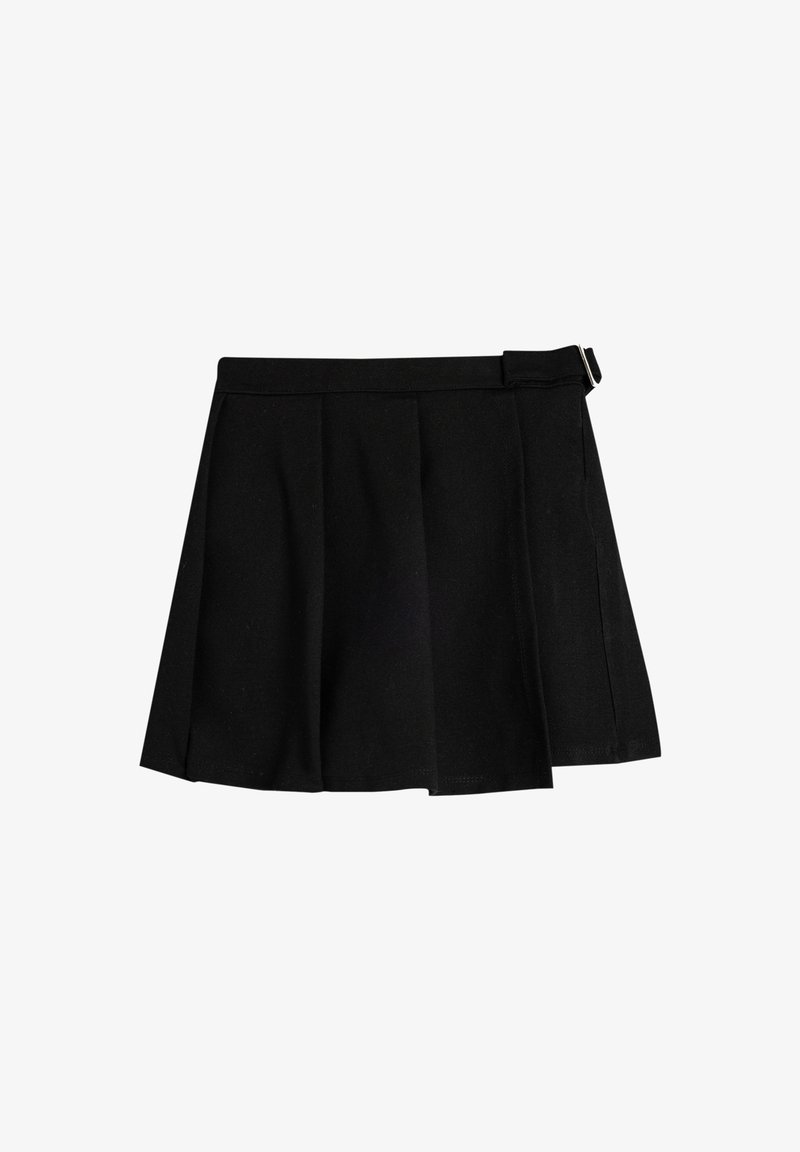 Gonna mini plissettata nera con vita piatta, dettaglio con fibbia laterale e tessuto morbido e testurizzato. Design semplice con orlo uniforme.
