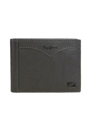 Cartera Pepe Jeans de cuero negro con costuras visibles, logo en relieve y un pequeño diseño de rayas diagonales en la esquina inferior derecha.