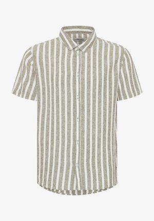 Short-sleeve button-up shirt in beige and white vertical stripes, made of lightweight fabric with a pointed collar and rounded hem.